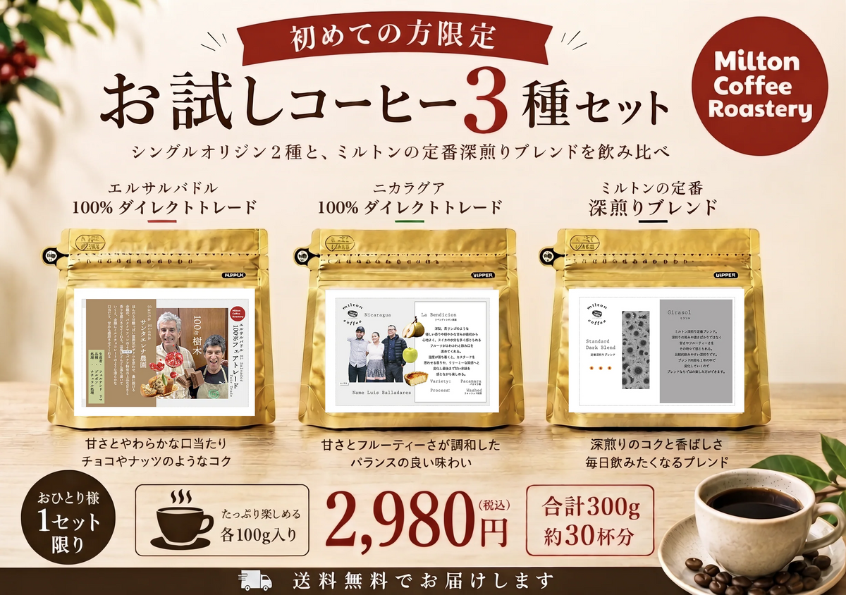 初めての方限定 お試しコーヒー3種セット 各100g・合計300g(エルサルバドル・ニカラグアは生産者から直接買い付け)