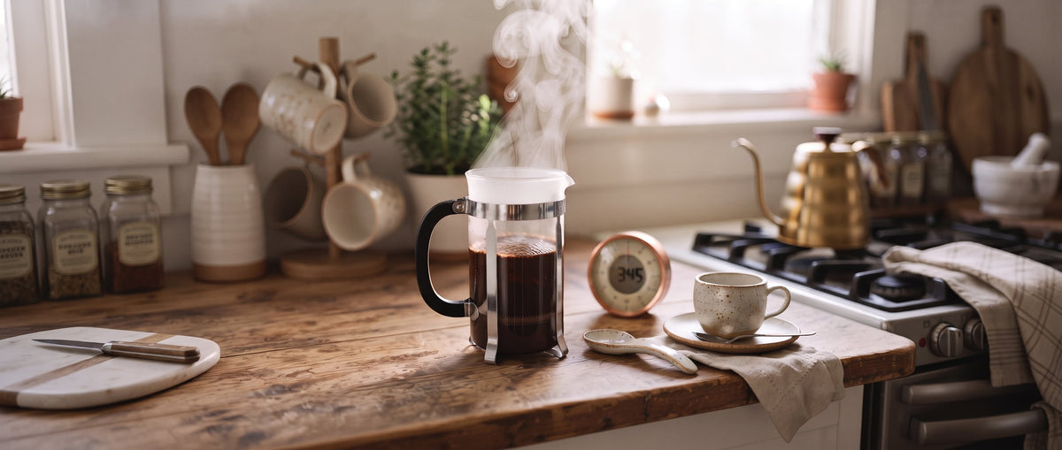 湯気の立つフレンチプレスのコーヒーとカップが並ぶ朝のキッチン